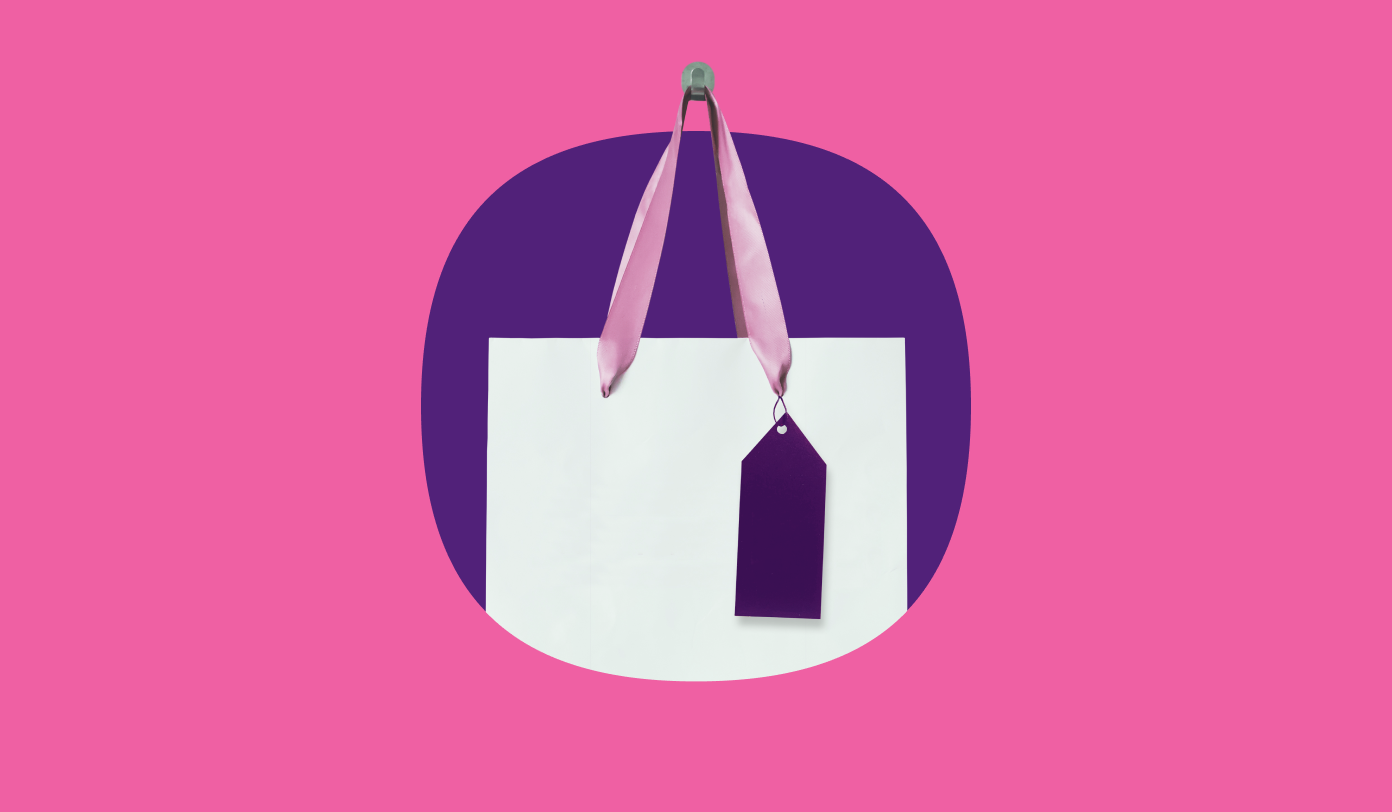 Shopping bag with a purple label on a pink background